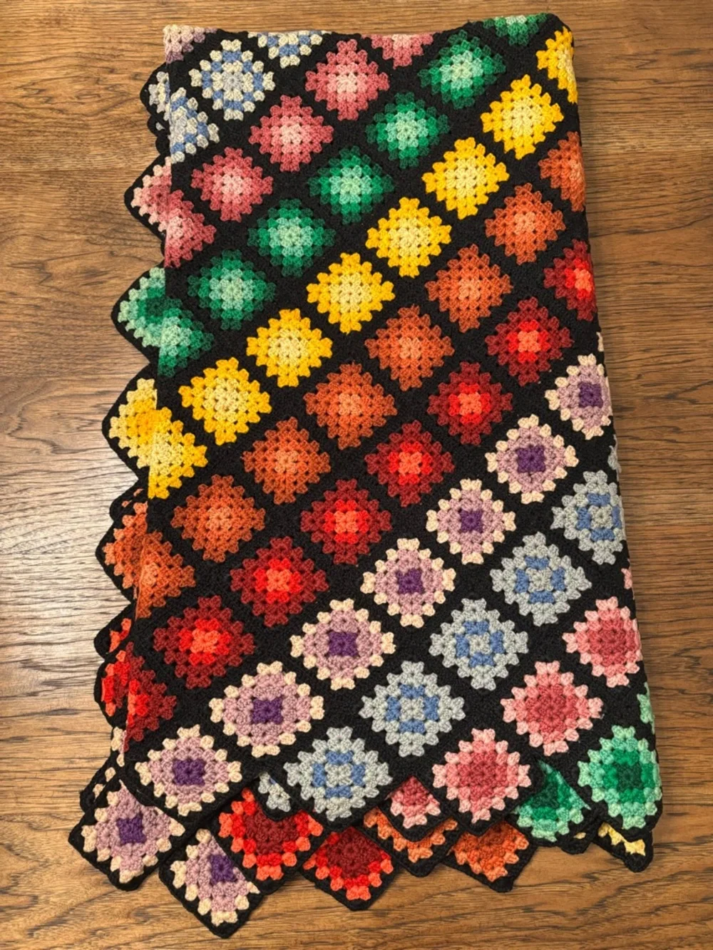 Vintage Hand Crocheted Granny Square Afghan 60x70 Jewel Tone Wool Blanket